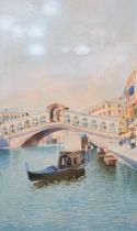Five 19th century and later watercolours on card including Venetian canal with gondolas, signed A