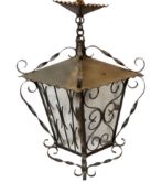 A 20th century English wrought iron and frosted glass hall lantern, width, 27cm, height 48cm***