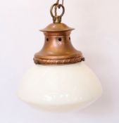 A 1930's English copper mounted opaque glass light fitting, height 28cm