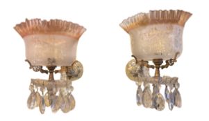 A pair of Victorian cut glass wall lights with etched frilled glass shades, depth 44cm, height