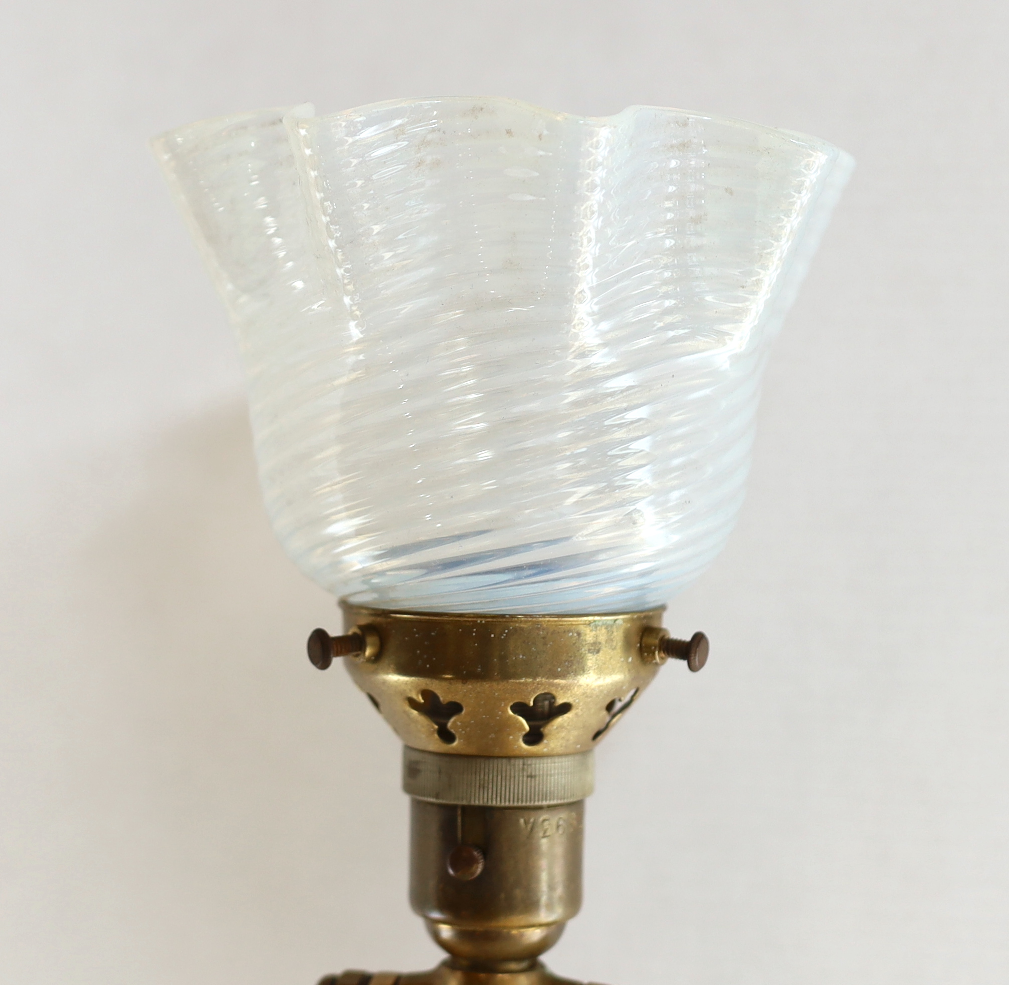 An early 20th century Scottish brass ship's gimballed desk lamp with vaseline glass shade, by - Image 2 of 3