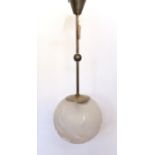 A 1930's French Art Deco brass mounted frosted glass ceiling light by Deveau, decorated with