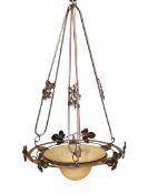 A 1930's French polished wrought iron and pate de verre glass light fitting, diameter 42cm, height