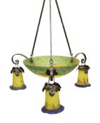 A 1930's French wrought iron and pate de verre glass ceiling light with Jean Noverdy glass shades