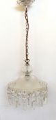 A 1930's English cut and frosted glass light fitting hung with glass drops, diameter 31cm, height