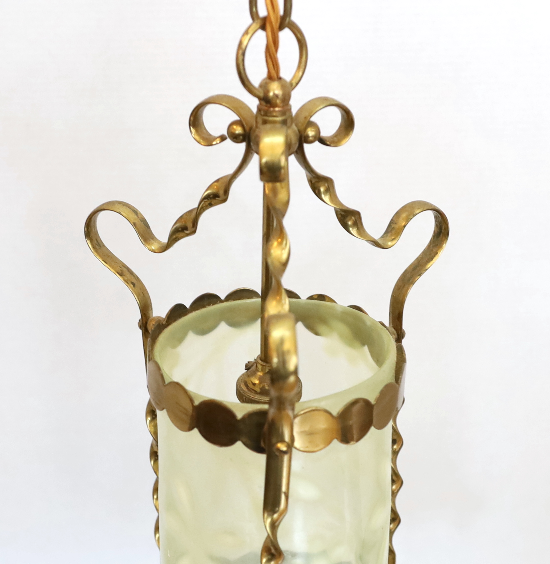 An English Arts & Crafts brass light fitting with floral moulded vaseline glass liner, height - Image 2 of 3