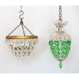 A 1920's English clear and green glass bag shaped light fitting, 27cm, and a 1950's English five