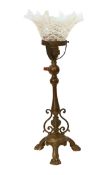An early 20th century Hinks lacquered bronze table lamp with associated vaseline glass shade, height