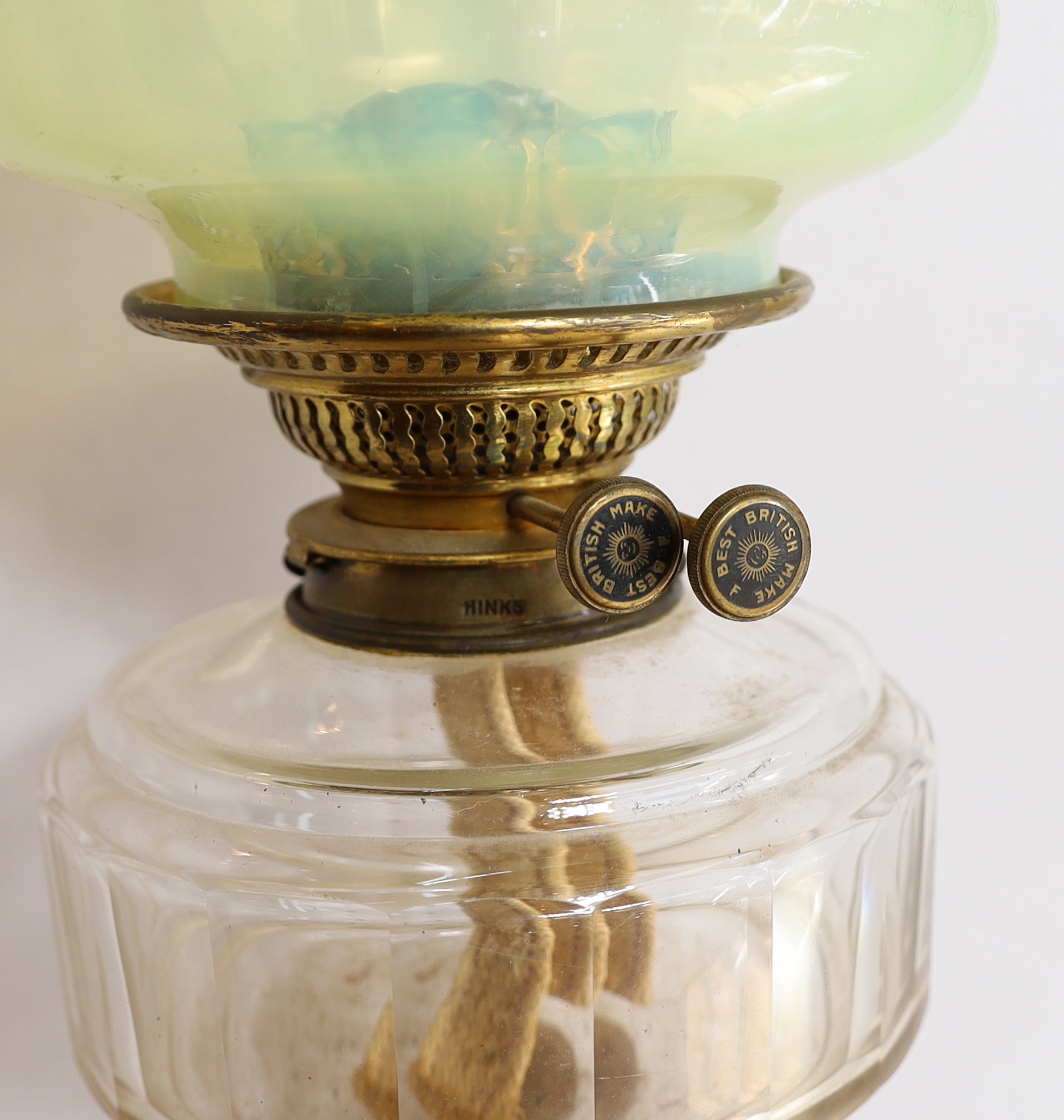A Victorian brass corinthian column oil lamp with cut glass reservoir and vaseline glass shade, - Image 2 of 4