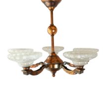 A 1930's copper plated brass and frosted glass light fitting, width 70cm, height 58cm
