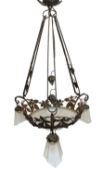 A 1930's French wrought iron and frosted glass light fitting by Genet & Michon, decorated with