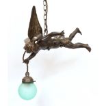 An early 20th century bronzed spelter cherub light fitting with green crackle glass globe, overall