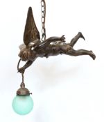 An early 20th century bronzed spelter cherub light fitting with green crackle glass globe, overall