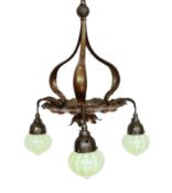 A late 19th century English Arts & Crafts brass and oxidised copper light fitting, of organic