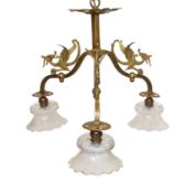 An early 20th century French brass gas ceiling light, converted to electricity, each branch