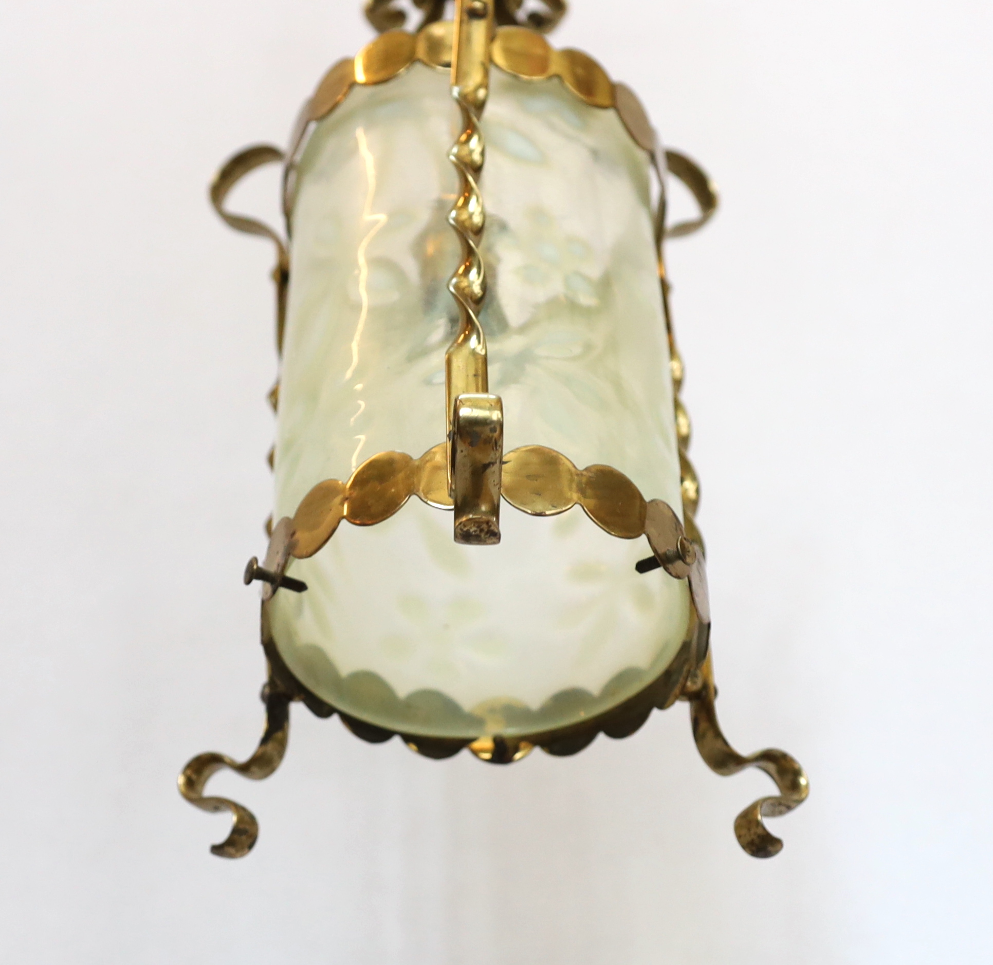 An English Arts & Crafts brass light fitting with floral moulded vaseline glass liner, height - Image 3 of 3