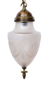An early 20th century French acid etched acorn pendant with finial at bottom of glass shade, with