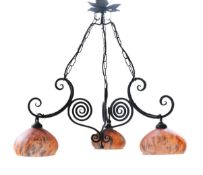 A 1930's French wrought iron and pate de verre glass light fitting, width 67cm, height 67cm