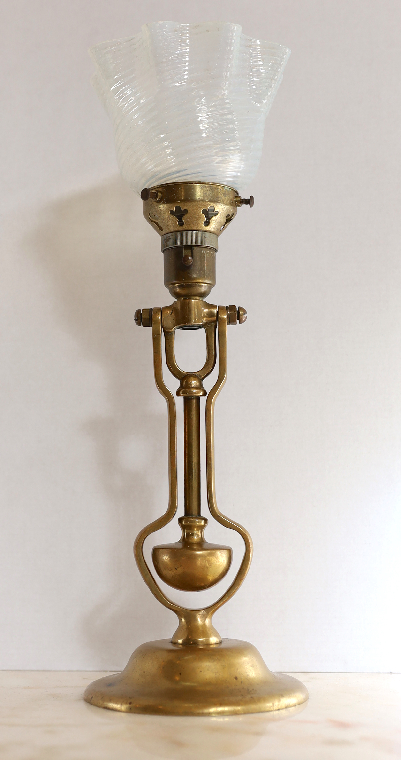 An early 20th century Scottish brass ship's gimballed desk lamp with vaseline glass shade, by - Image 3 of 3