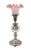 A chrome plated gimbal table / wall lamp with vaseline/pink edge glass shade, height to top shade