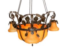 A 1930's French wrought iron and pate de verre ceiling light modelled with floral and foliate