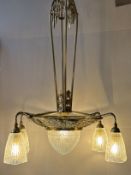 A French Art Deco cast brass ceiling light with frosted glass shades by Laloue, width 58cm, height