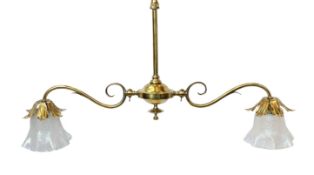 An early 20th century English brass twin branch gas light fitting, converted to electricity, now