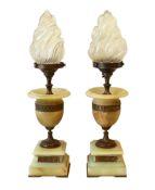 A pair of early 20th century Italian bronze mounted green onyx table lamps with frosted glass