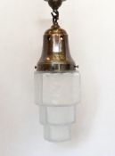 A mid century French brass mounted crackle glass light pendant, height 36cm
