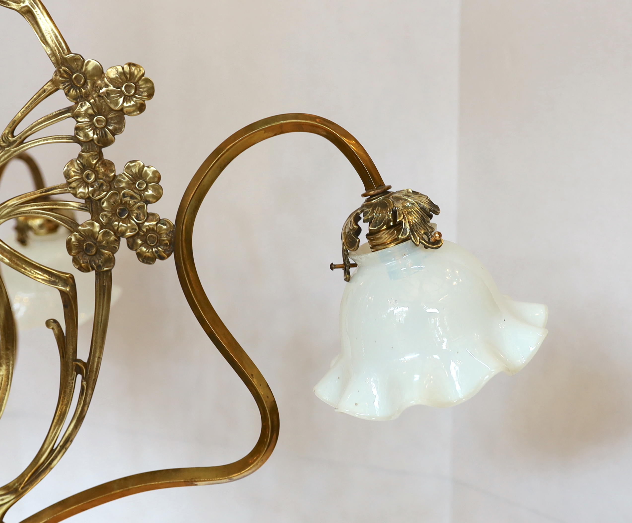 An Arts & Crafts brass four light electrolier, with vaseline glass shades, drop 80cm, width 84cm*** - Image 2 of 4