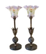 A pair of 1960's Czechoslovakian bronzed metal and marble table lamps with lustre glass shades,