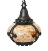 A 1930's English cast iron and marbled glass light fitting, diameter 24cm, height 28cm