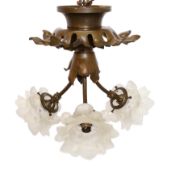 An early 20th century French bronzed metal ceiling lamp, of foliate design, with three frosted