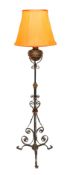 An English Arts & Crafts wrought iron and copper telescopic oil lamp standard, converted to