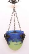 A 1930's French wrought Degue wrought iron and pate de verre glass light fitting, diameter 20cm,