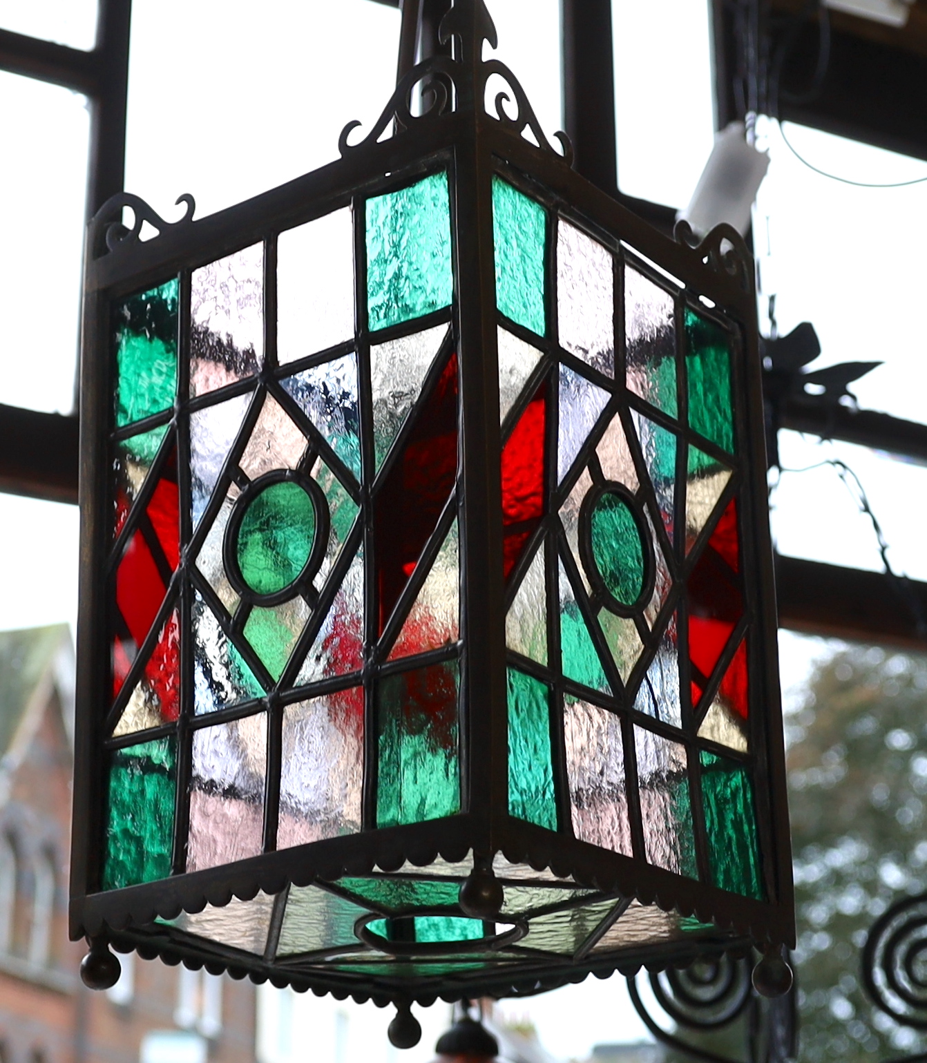 An English bronze hall lantern with leaded stained glass panels, width 20cm, height 57cm - Image 2 of 2