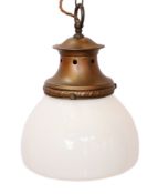 A 1930's English copper mounted opaque glass light fitting, height 35cm