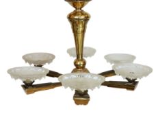 A 1930's French Art Deco lacquered brass six light electrolier fitted with frosted glass shades,
