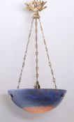 A 1920's French Muller Fréres pate de verre glass light bowl, with original chain and ceiling