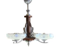 A 1930's chromed metal, teak and opalescent glass light fitting, width 64cm, height 59cm
