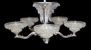 A French Art Deco chrome plated and glass five light chandelier with scrolling branches and 'melting