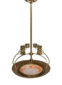 An early 20th century French Art Nouveau brass light fitting modelled with stylised roses over a