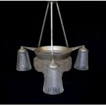 A 1930's French Art Deco silvered brass and frosted glass Muller Fréres light fitting moulded with