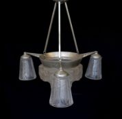 A 1930's French Art Deco silvered brass and frosted glass Muller Fréres light fitting moulded with