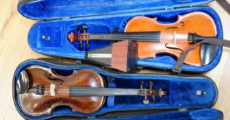 A 19th century English violin, bears hand written paper label, a modern Stentor violin and a