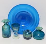 Four pieces of Mdina glass, three signed together with a blue glass dish, largest Mdina vase 19.