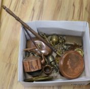 A group of mixed copper and brass including a warming pan, kettle, pot etc