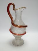 A Victorian Richardson’s of Stourbridge crackleware glass snake handled champagne ewer, 35cm high