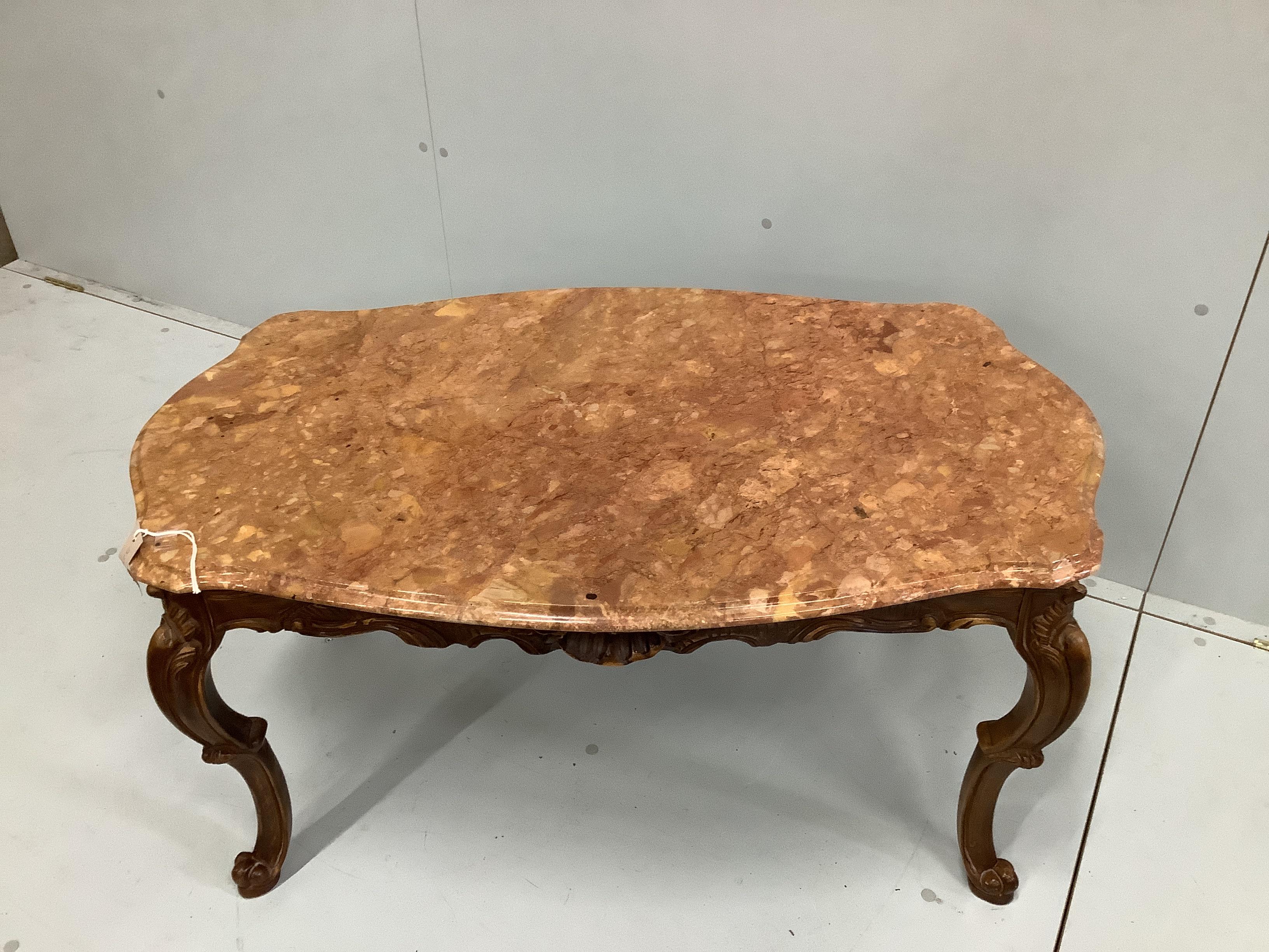 A rectangular coffee table, with shaped and moulded 'Rosso Verona' marble top, on carved cabriole - Image 2 of 2