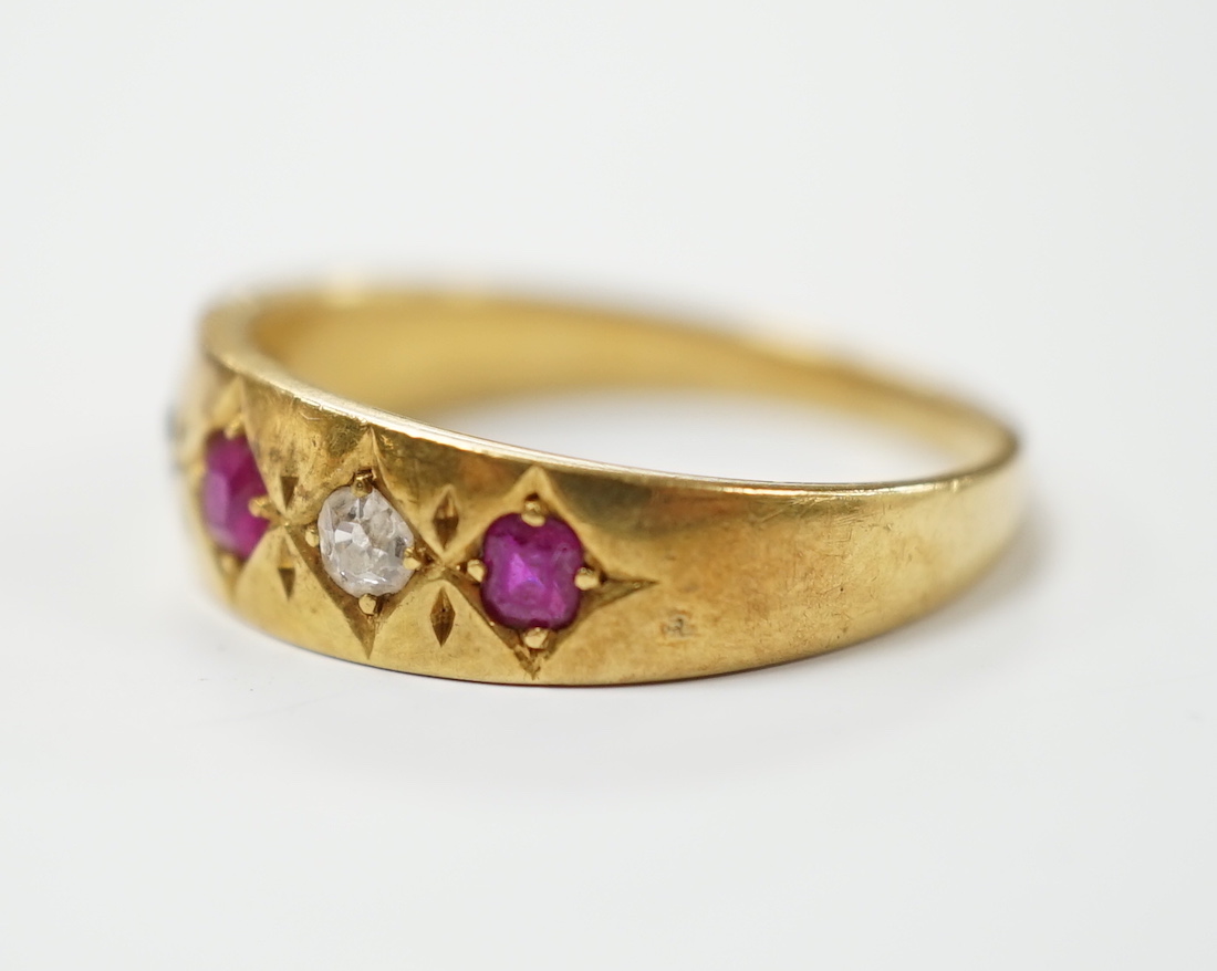 An early 20th century yellow metal ruby and diamond set five stone dress ring, size P - Image 2 of 4